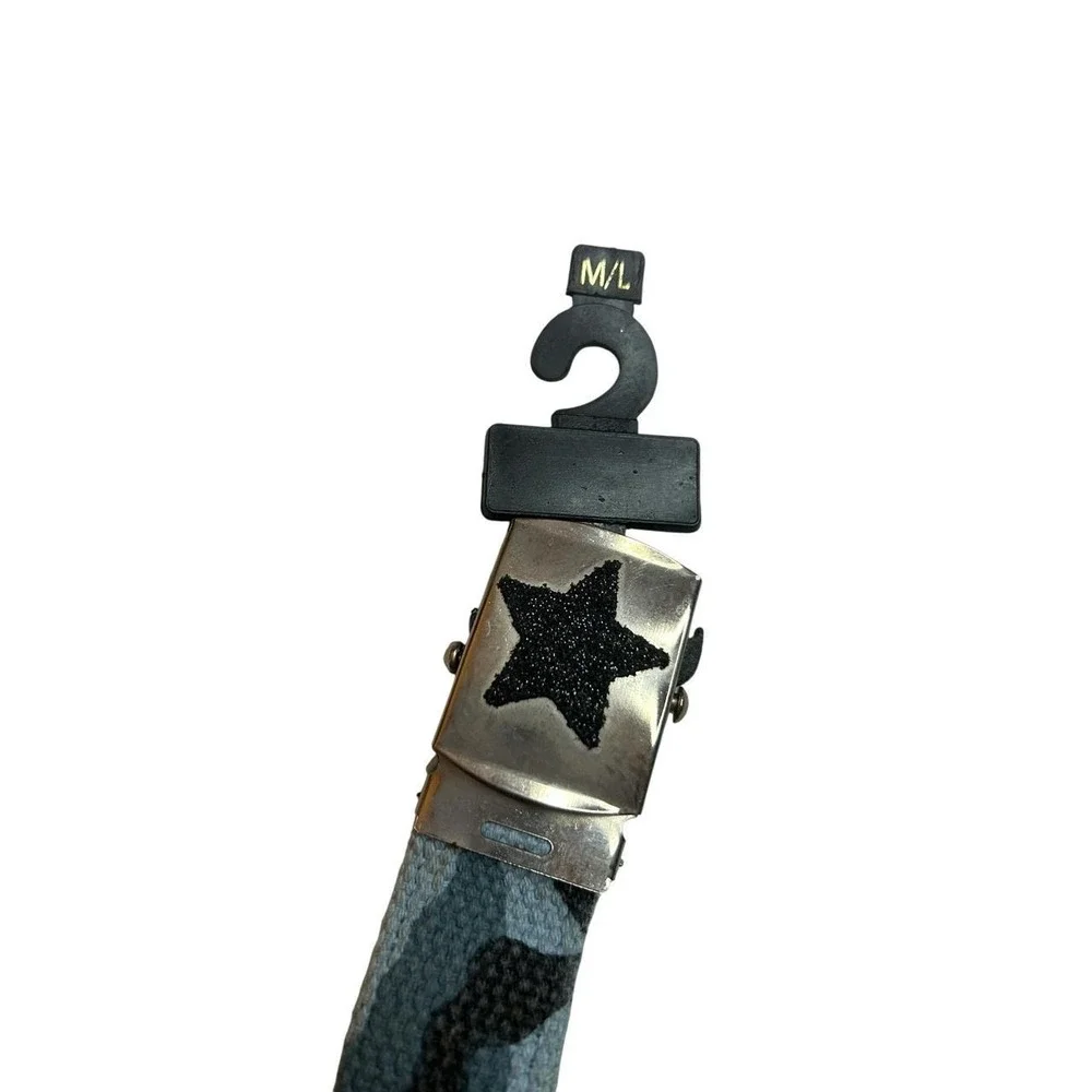 Camo Belt Y2K Skater Punk Black Star Webbed Canvas Blue Gray Utility M/L 39